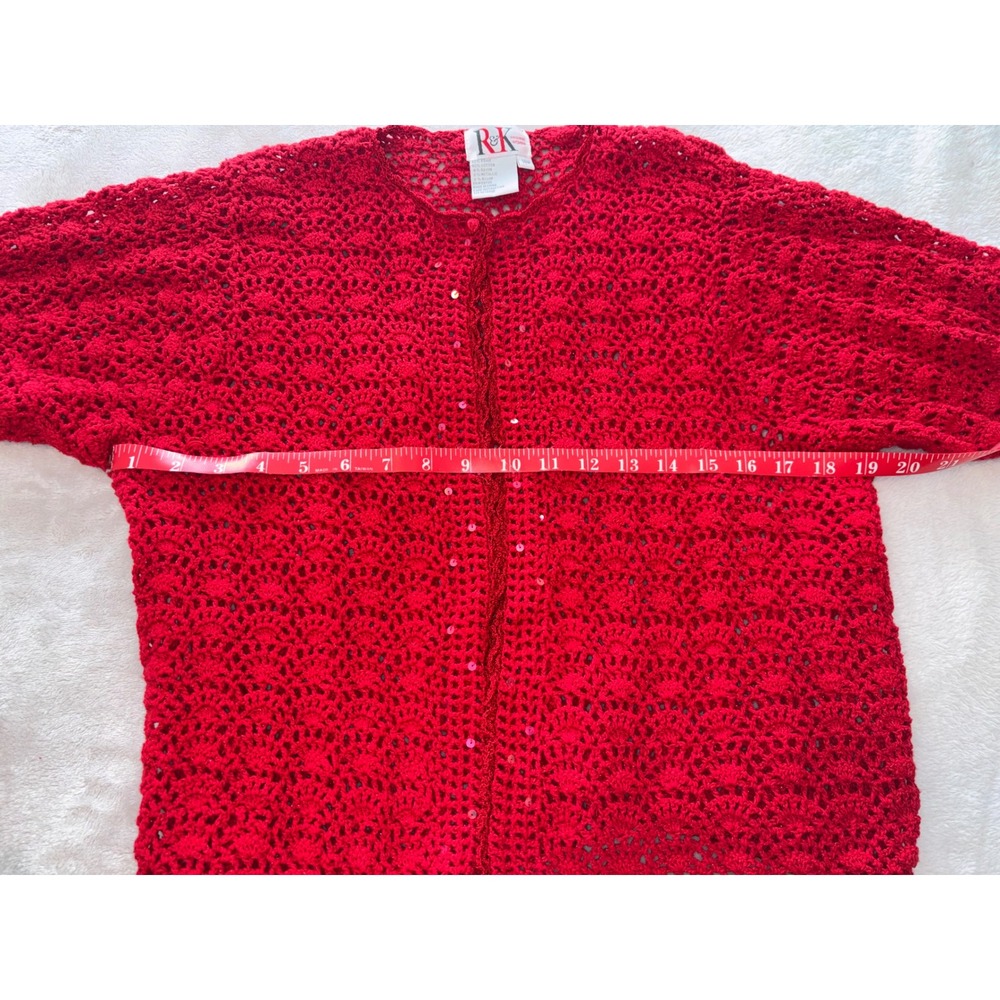 R&K Original Woman Vintage 80s Red Crochet Sequin Cropped Cardigan Plus Size 14W - Picture 7 of 10